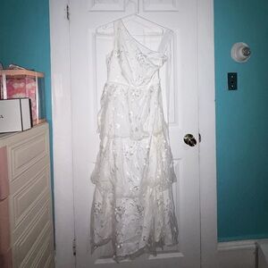 One Shoulder Dress with floral lace detailing and a tie of shoulder strap